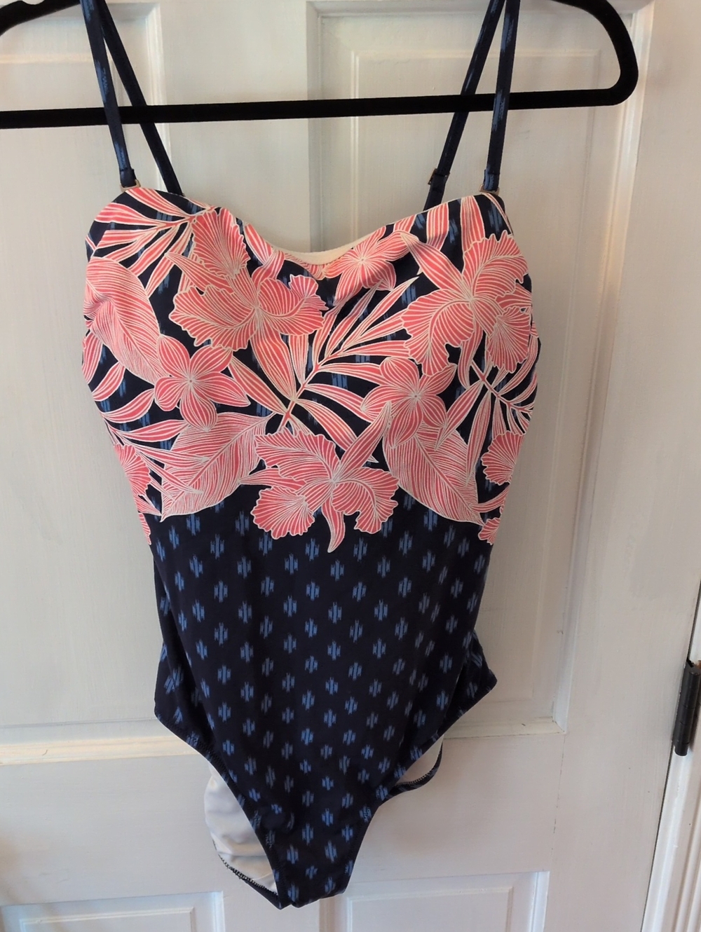 Lands' End Navy One-Piece Swimsuit with Coral Floral Top Size 12L